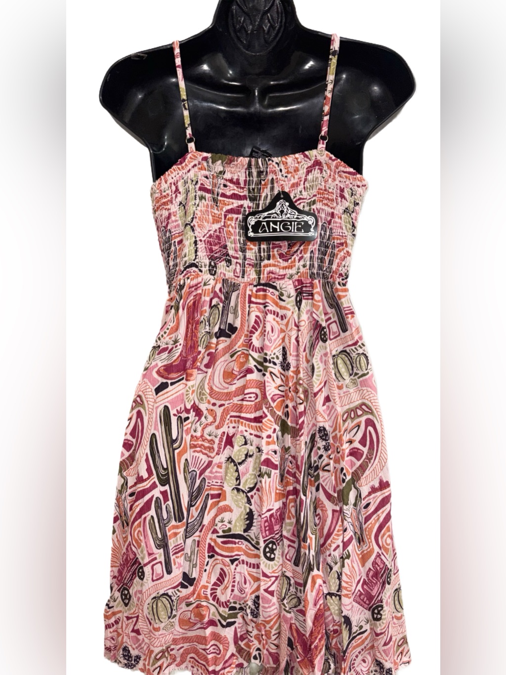 Angie Pink Multi-Print Smocked Spaghetti Strap Western Print Mini Dressnwt — image 5 of 7